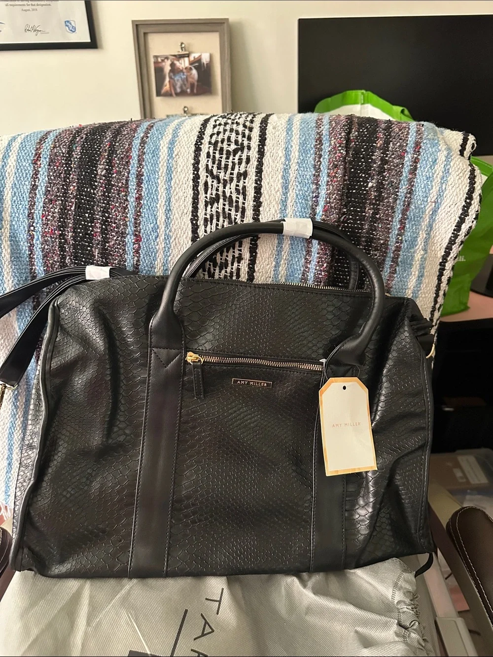 Black Textured Leather Weekender Bag